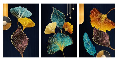 toile fonctionnelle florale art, feuilles de ginko, plumes et branches d'arbres aquarelle peinture géode. formes ondulées marbrées sur fond de marbre bleu foncé.