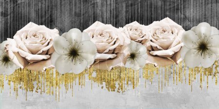 3d Drawing floral digital art wall decor. golden and gray shapes for wall canvas decoration. living room wall art