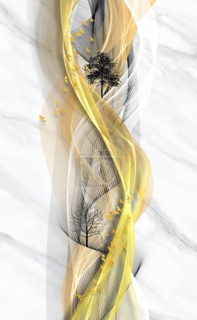vertikale Natur Leinwandkunst. 3D-Wellen Linien und schwarzer Baum auf weißem Marmorhintergrund