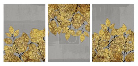 Téléchargez les photos : Affiche murale moderne en toile florale. Affiche d'art nordique. branches dorées sur fond beige. 3 pièces pour affiche murale art - en image libre de droit