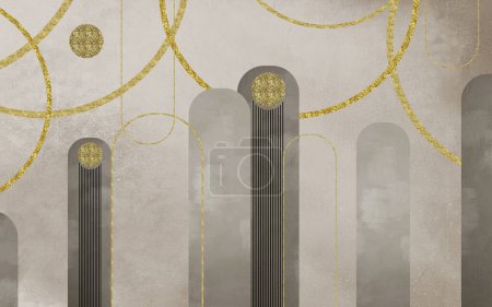 Foto de 3d patrón geométrico pared de fondo artístico. 3d moderno minimalista mural fondo de pantalla. Líneas doradas, y círculos sobre fondo de mármol claro. Decoración de la pared del dormitorio interior. - Imagen libre de derechos