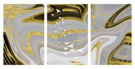 Resin geode and abstract art, functional art, watercolor geode painting .golden, black and gray marble background. 3d wallpaper for wall frames. Golden Wavy lines suitable for print in canvas