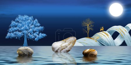 Blue trees with golden, turquoise, black and gray stones marble in night background with moon and deer. 3d illustration wallpaper landscape art