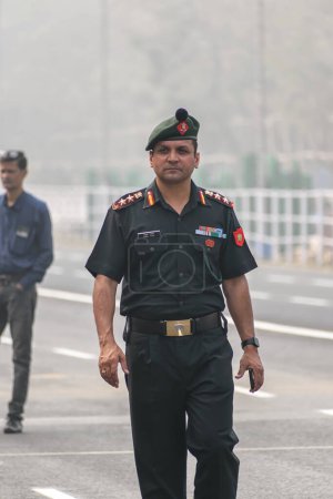 Photo for Indian Army Officer preparing for taking part in the upcoming Indian Republic Day parade at Indira Gandhi Sarani, Kolkata, West Bengal, India on January 2023 - Royalty Free Image