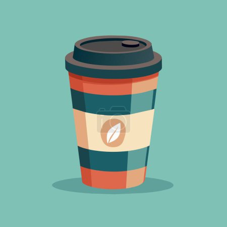 A cup of coffee adorned with a leaf sits on a blue background, featuring elements like Drinkware, Liquid, Rectangle, Cylinder, Gas, Font, Electric blue, Circle, Plastic, and Pattern