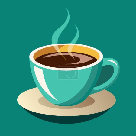 Illustration for A coffee cup placed on a saucer, emitting steam. The image depicts tableware, drinkware, and coffee types such as java coffee and Cuban espresso - Royalty Free Image
