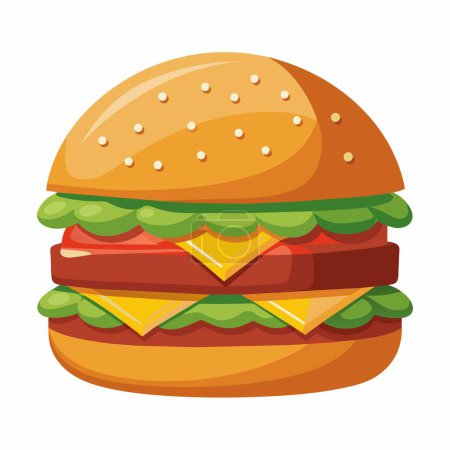Eine skurrile Zeichnung, die einen Hamburger mit Käse, Salat, Tomaten und Speck zeigt und verschiedene Zutaten dieses beliebten Fast-Food-Grundnahrungsmittels zeigt