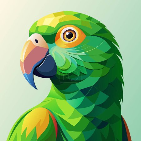 A vivid green parrot with a bright blue beak is staring directly at the camera, capturing the attention of the viewer
