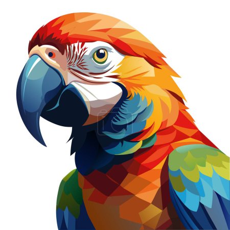 Ein schöner Papagei mit leuchtenden Federn und einem langen Schnabel hockt anmutig vor einem schlichten weißen Hintergrund