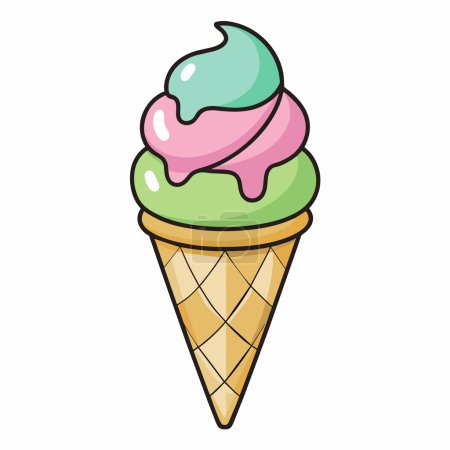 La ilustración de dibujos animados representa un cono de helado con tres sabores variados de helado. Es una representación divertida y deliciosa de un postre congelado popular