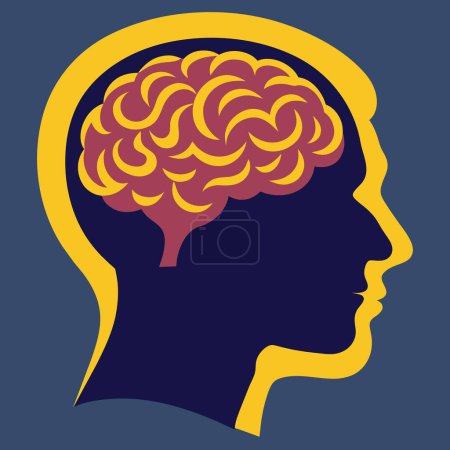 Eine Silhouette, die einen Kopf mit einem Gehirn im Inneren zeigt. Die Abbildung vereint Elemente wie Kinn, Helm, Kunst, Schrift und mehr, in elektrisch blauen Farben