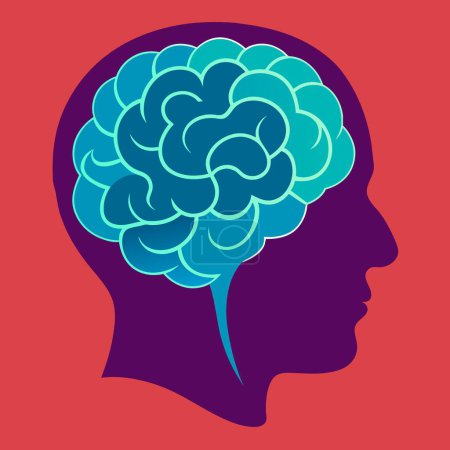 Die Skizze eines menschlichen Kopfes mit einem blauen Gehirn in seinem Inneren zeigt eine einzigartige Mischung aus Wissenschaft und Artistik