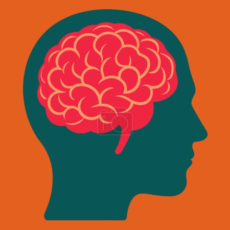 Eine Silhouette, die einen Kopf mit einem roten Gehirn zeigt. Das Bild steht im Zusammenhang mit Gehirn, menschlichem Körper, Organismus, Anatomie, Kunstwerken und Mustern