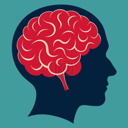 Die Zeichnung zeigt die Silhouette eines Kopfes mit einem sichtbaren roten Gehirn. Stichworte Haare, Kopf, Kinn, Frisur, Mund, Gehirn, menschlicher Körper, Hals, Kiefer, Organismus