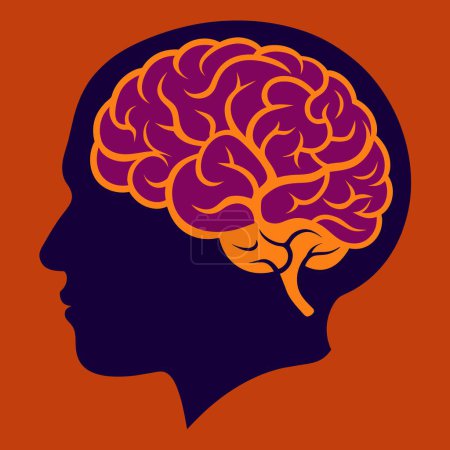 Stilisierte Darstellung eines menschlichen Kopfes mit einem Gehirn in Violett- und Orangetönen