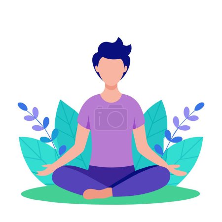 Ein Mann sitzt in einer Lotusposition, die von Blättern umgeben ist und während seiner Yoga-Praxis Ausgeglichenheit und Ruhe ausstrahlt