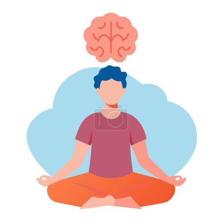 Ein Mann sitzt friedlich in einer Lotusposition, über seinem Kopf schwebt ein Gehirn, das eine einzigartige und künstlerische Darstellung des menschlichen Körpers und Geistes darstellt.