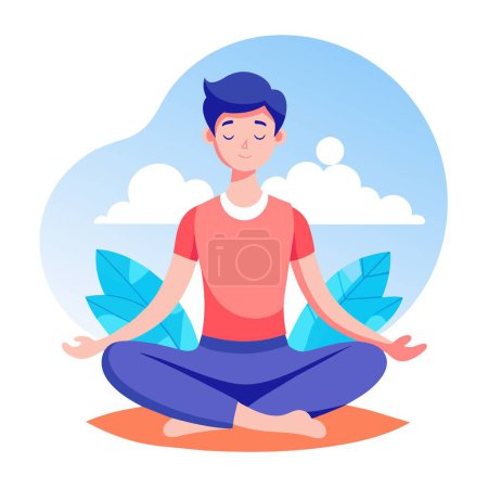 Un hombre está sentado pacíficamente en una posición de loto, los ojos cerrados, expresando equilibrio y tranquilidad