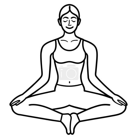 A black and white drawing of a woman sitting in a lotus position, focusing on details like clothing, face, joints, head, hands, arms, shoulders, legs, neck, and overall product