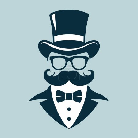 L'homme est vêtu distinctement d'un chapeau haut de forme, d'une moustache, de lunettes et d'un n?ud papillon, présentant un style unique et une apparence raffinée.