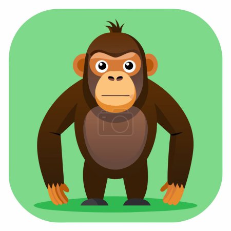 Illustration for A chimpanzee, a brown primate, is standing on its hind legs in front of a green background, displaying a natural gesture. Its a fascinating animal similar to humans - Royalty Free Image