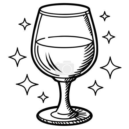 La imagen representa una copa de vino dibujada en blanco y negro con estrellas que la rodean, encarnando temas de vajilla, vajilla, copas, líquido, producto, barbería, agua, vajilla y gesto.