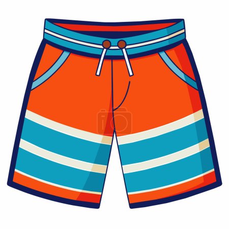A pair of swim trunks with orange and blue stripes are displayed on a white background. The trunks have a vibrant and colorful design