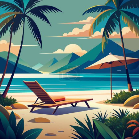 A serene beach scene featuring a chair, umbrella, palm trees, and mountains in the background, set against a beautiful azure sky