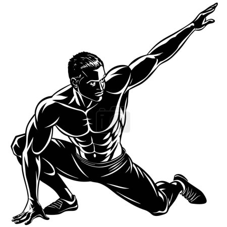 Illustration en noir et blanc représentant un homme agenouillé le bras tendu, représentant un geste. L'?uvre met en scène un joueur en short avec une manche, ressemblant à un personnage de fiction
