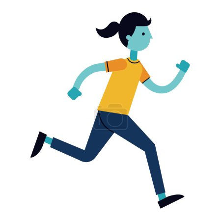 A woman wearing a yellow shirt and blue pants is joyfully running with good balance