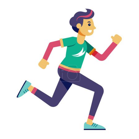 Ein Mann in grünem Hemd und lilafarbener Hose rennt fröhlich los, balanciert in seiner fröhlichen Geste und verkörpert eine fiktive Figur in einer lustigen und animierten Bewegungsroutine.