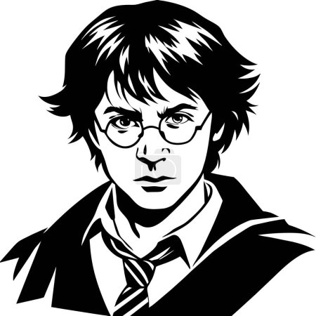 Ilustración de Una caricatura en blanco y negro de Harry Potter con gafas y corbata, mostrando su aspecto icónico - Imagen libre de derechos