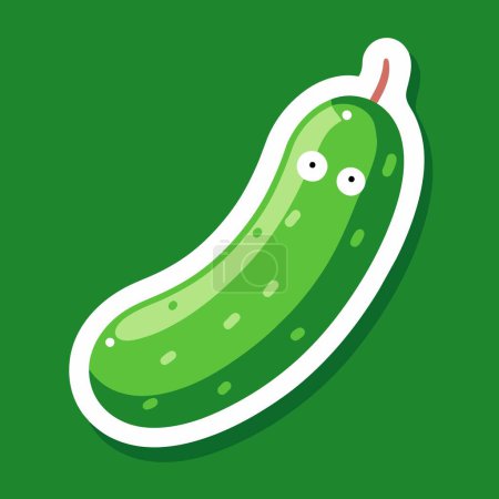 In the image, there is a cartoon pickle with large expressive eyes and a red stem set against a green background
