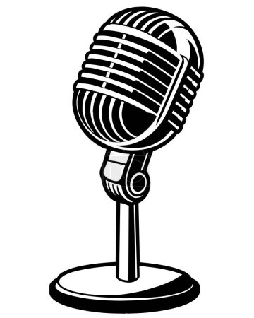 The illustration features a monochromatic depiction of a microphone placed on a stand, showcasing details in black and white tones