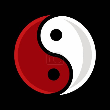 Das Bild zeigt ein rot-weißes Yin-Yang-Symbol vor schwarzem Hintergrund. Es ist eine künstlerische Darstellung mit Elementen der Ausgewogenheit und des Kontrastes