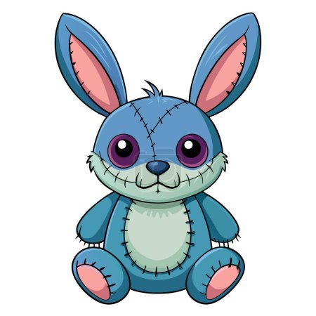 On a white background is a blue stuffed bunny rabbit with stitches on its face. It resembles a cartoon with whiskers and a snout, depicting a domestic rabbit as a stuffed animal figure