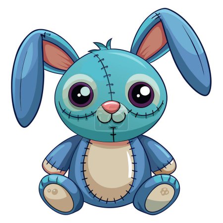 In der Darstellung ruht ein niedliches blaues Stoffhasen-Kaninchen auf einer schlichten weißen Oberfläche und vereint Elemente der Cartoonkunst und Animation