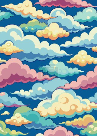 Téléchargez les illustrations : Un design sans couture hypnotisant avec une variété de nuages colorés sur un beau fond bleu ciel, parfait pour les amoureux de la nature et les amateurs d'art - en licence libre de droit