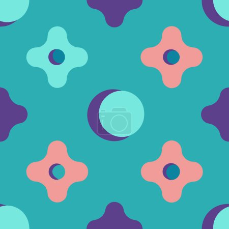 El diseño muestra un patrón sin costuras de flores y círculos sobre un fondo azul, perfecto para textiles. Utiliza tonos de azul, rosa, aguamarina y magenta, para un aspecto simétrico y visualmente atractivo