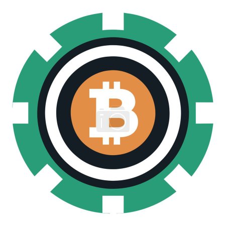 A green and white poker chip featuring a bitcoin symbol in the middle, symbolizing gaming and digital currency