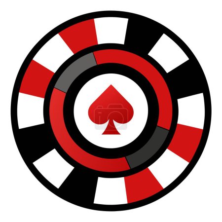 A red and black poker chip featuring a spade in the center is illustrated. This design incorporates elements of a logo, symbol, and graphic