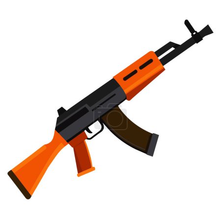 A detailed vector illustration of an AK47 assault rifle in a flat design, featuring wood and metal components