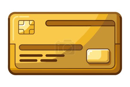The image depicts a cartoon gold credit card set against a white background. The illustration showcases a rectangular shape and reflects themes of finance and luxury