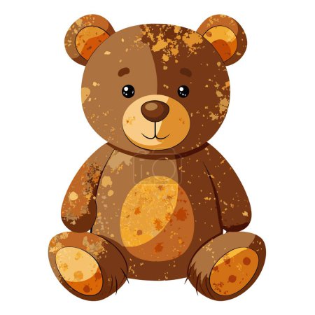 A brown teddy bear, looking dirty, is situated on a plain white background. It evokes childhood memories and playfulness with its cute appearance