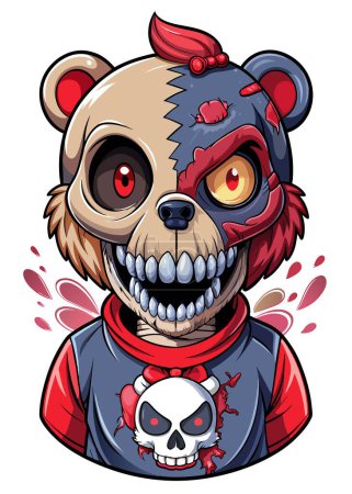 A teddy bear split in half, with one side cute and the other zombielike, is depicted in a dramatic illustration