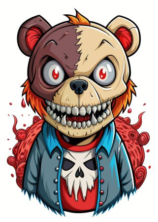 A teddy bear split in half, with one side cute and the other zombielike, is depicted in a dramatic illustration