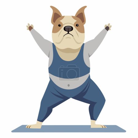 Illustration of a cartoon bulldog practicing yoga meditation wearing blue pants, focusing on inner peace.