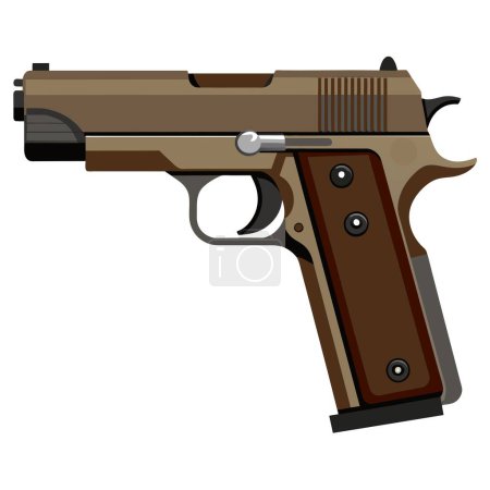 A close-up view of a detailed vector illustration of a handgun with brown handle on a white background.