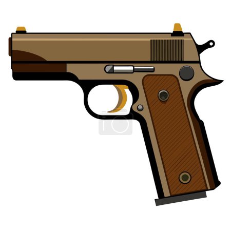 Una vista de cerca de un vector detallado ilustración de una pistola con mango marrón sobre un fondo blanco.