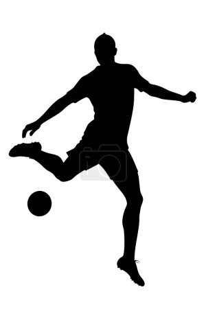 Silueta de alto contraste de un jugador de fútbol en plena acción, pateando dinámicamente una pelota con intensidad.